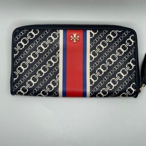 Tory Burch Gemini Link Zip Around Continental Wallet Navy Blue Red Stripe #470
